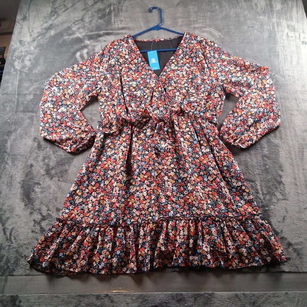 NWT Cupshe Floral Mini Dress Womens XL Multicolor V-Neck Long Sleeve Ruffle Hem